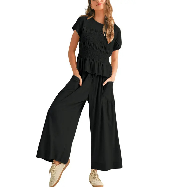 CHARLENE™ – Relaxed 2-Piece Smocked Top and Wide Leg Pants Set