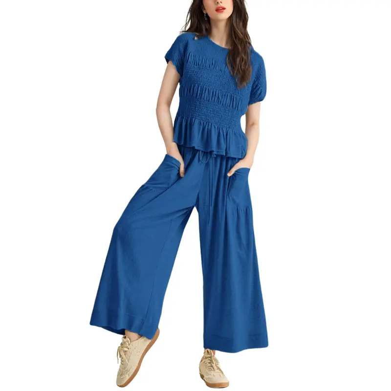 CHARLENE™ – Relaxed 2-Piece Smocked Top and Wide Leg Pants Set
