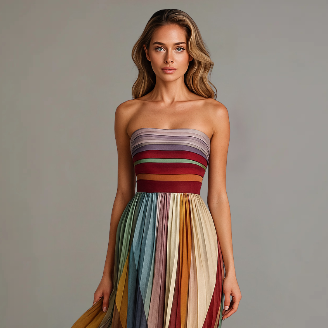 Audrey | Strapless Colourful Pleated Summer Maxi Dress