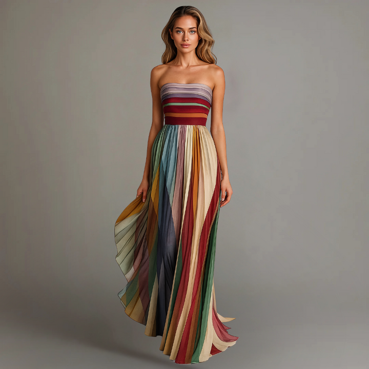 Audrey | Strapless Colourful Pleated Summer Maxi Dress