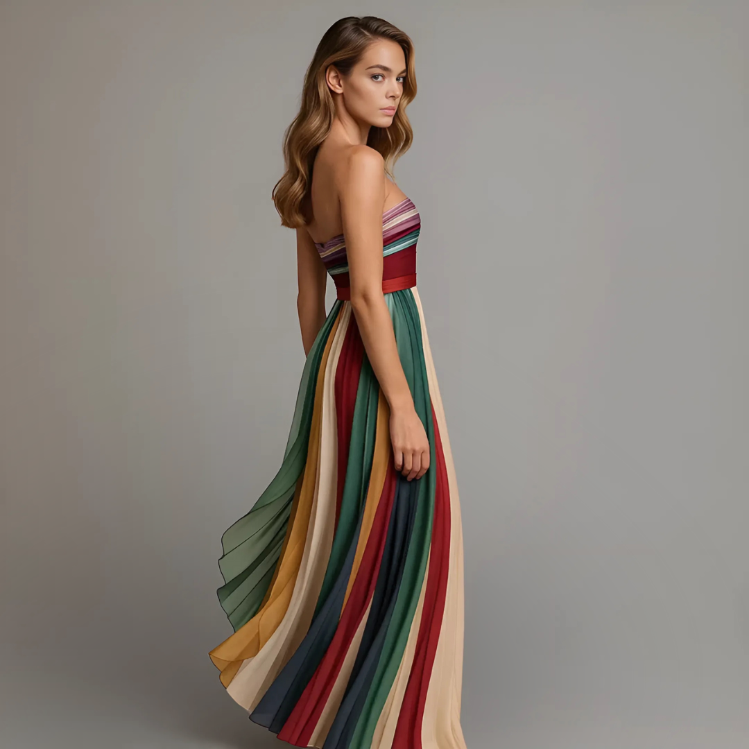 Audrey | Strapless Colourful Pleated Summer Maxi Dress