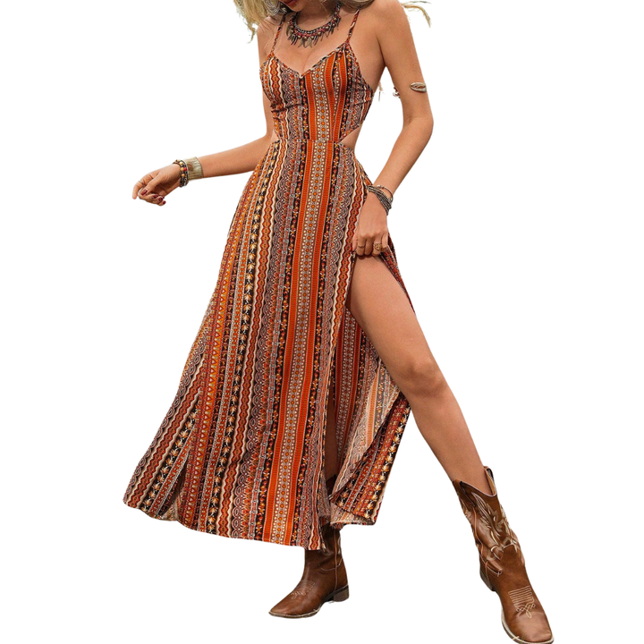 DELARA™ – Boho Print Backless Slit Dress