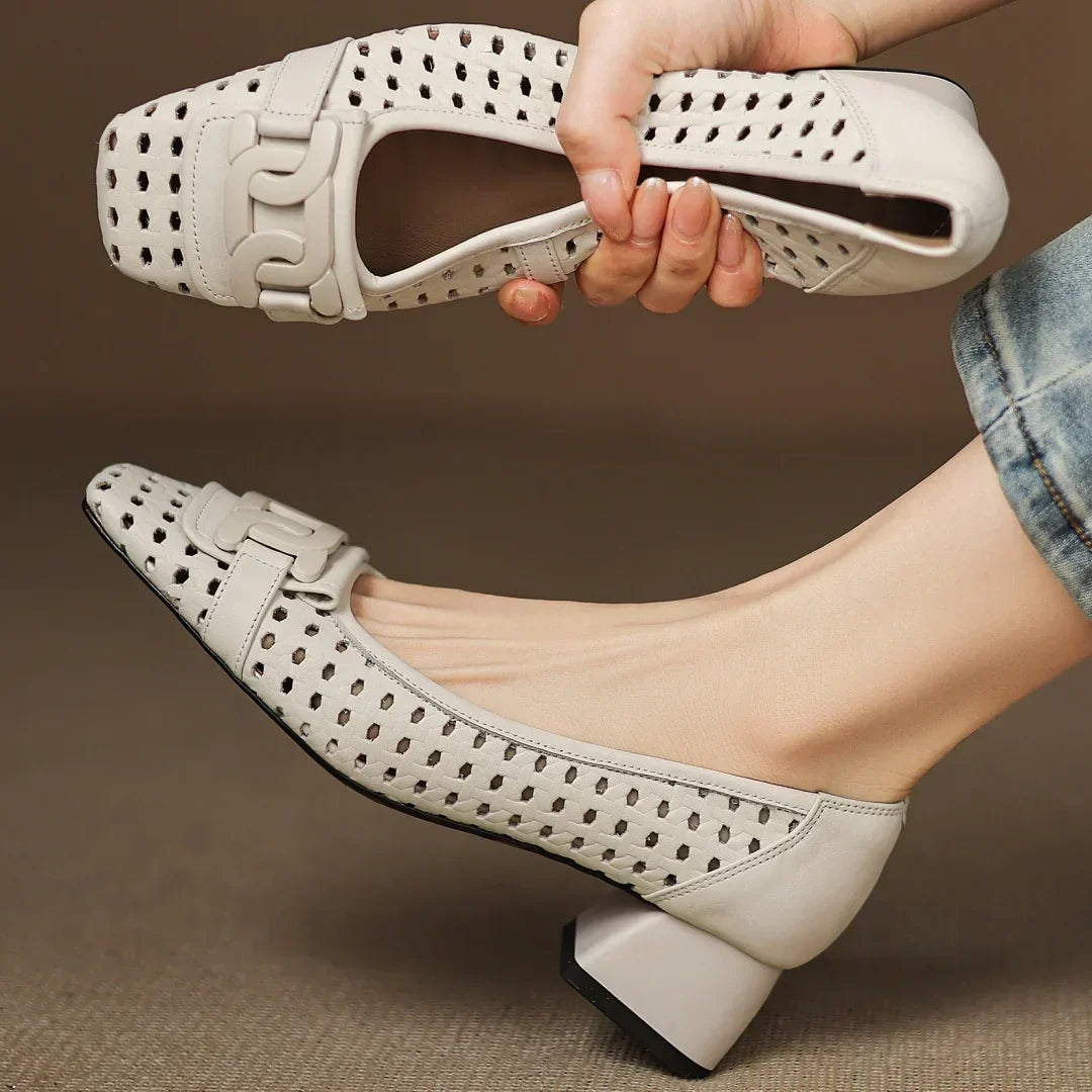 Dorothea | Woven Leather Square-Toe Heels