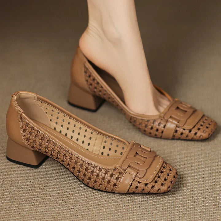 Dorothea | Woven Leather Square-Toe Heels