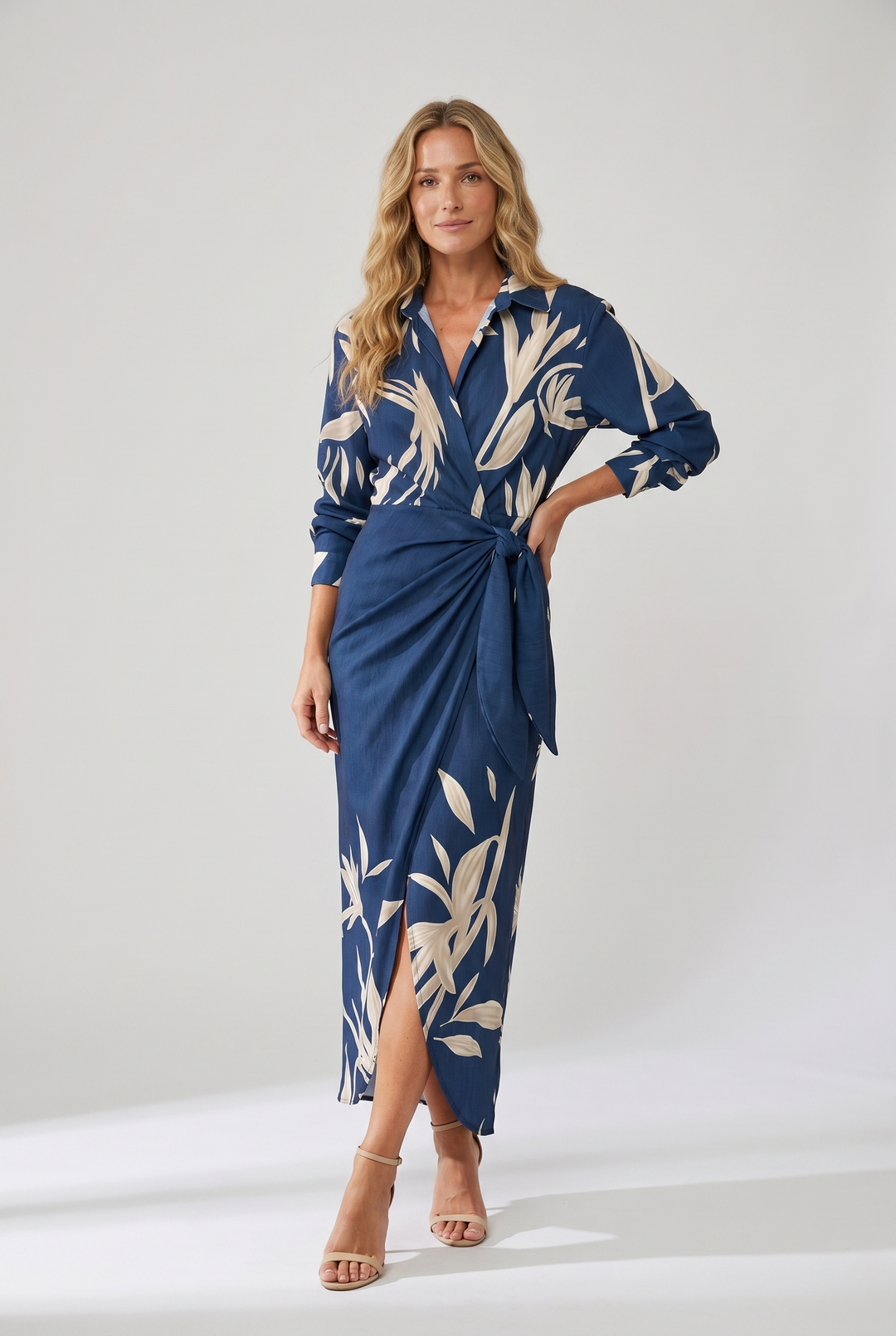 Muriel | Leaf Print Maxi Wrap V Neck Dress