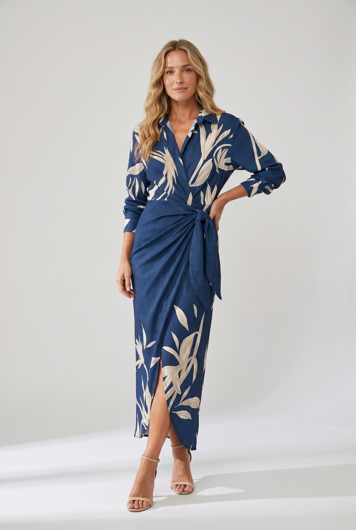 Muriel | Leaf Print Maxi Wrap V Neck Dress