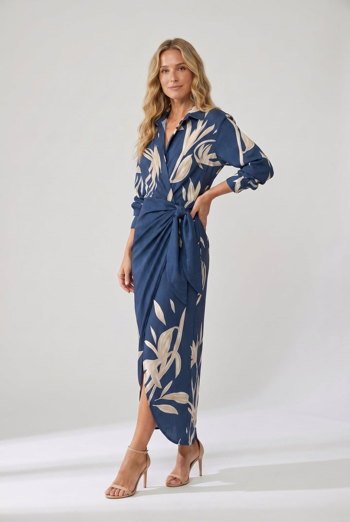 Muriel | Leaf Print Maxi Wrap V Neck Dress