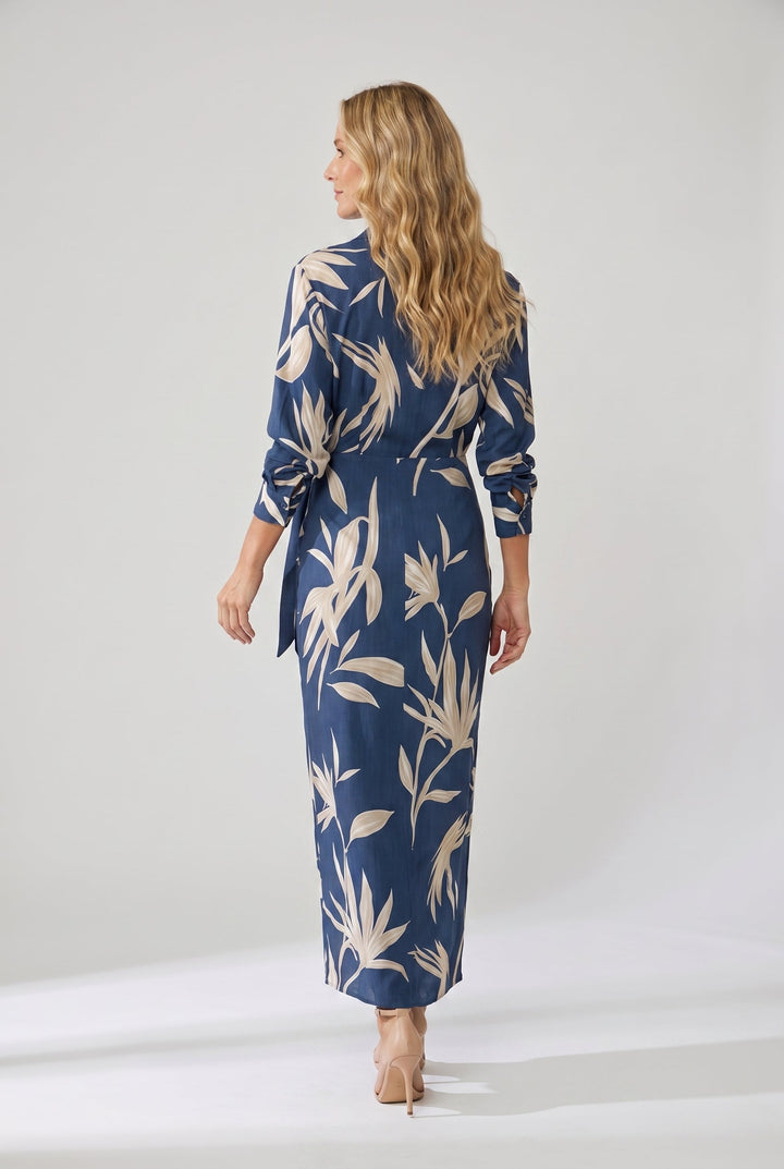 Muriel | Leaf Print Maxi Wrap V Neck Dress