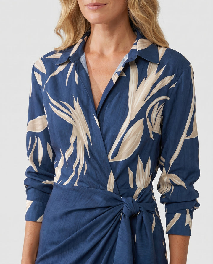 Muriel | Leaf Print Maxi Wrap V Neck Dress