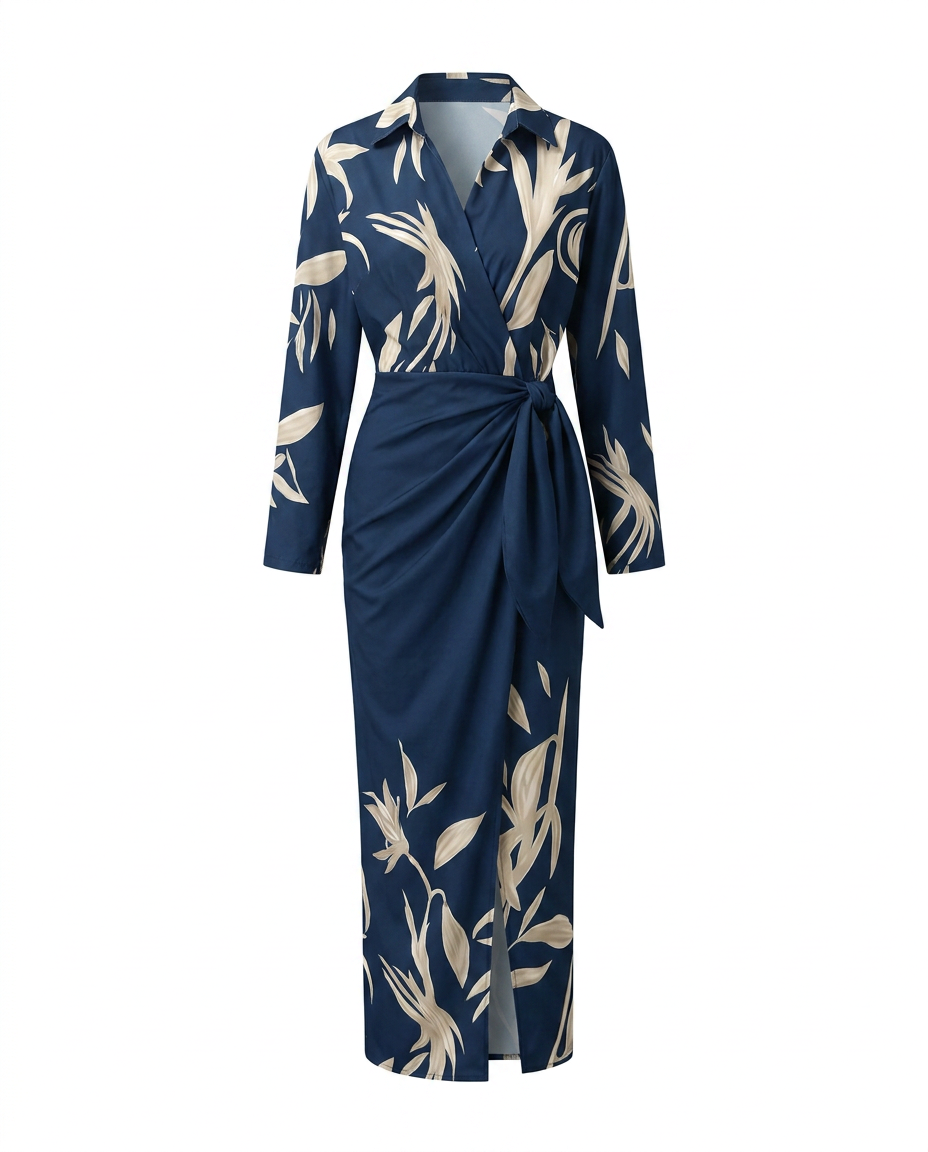 Muriel | Leaf Print Maxi Wrap V Neck Dress